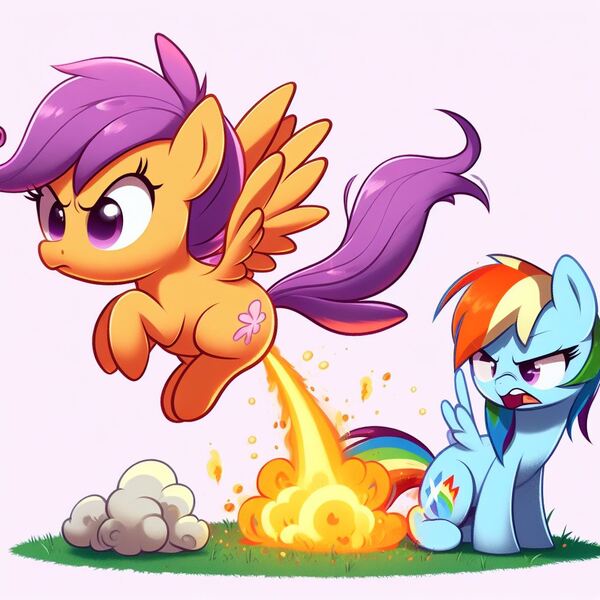 Size: 1024x1024 | Tagged: safe, derpibooru import, machine learning generated, scootaloo, pegasus, pony, ai content, angry, duo, female, filly, fire, foal, generator:dall-e 3, grass, ignition, image, jpeg, pissing, prompter:nebbie, scootaloo can fly, urine