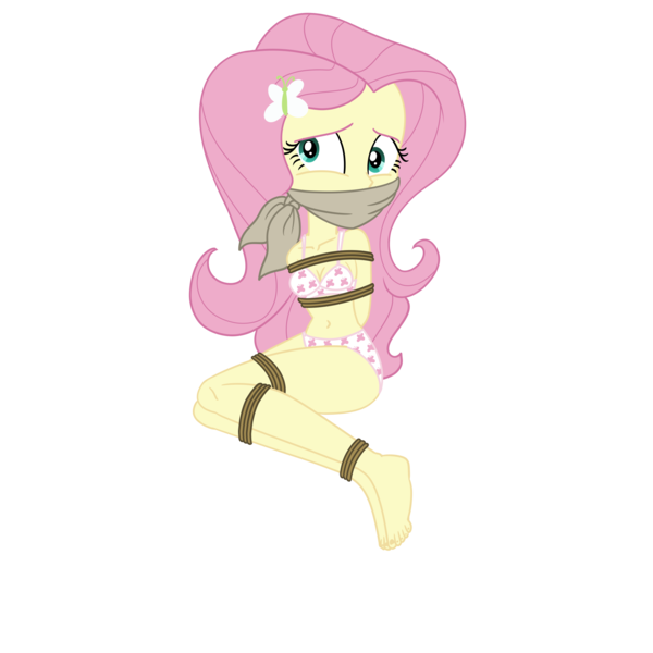 Size: 2000x2000 | Tagged: suggestive, artist:nie-martw-sie-o-mnie, derpibooru import, fluttershy, equestria girls, bondage, bound and gagged, bra, cloth gag, clothes, damsel in distress, gag, image, kidnapped, panties, png, rope, rope bondage, scared, solo, tied up, underwear