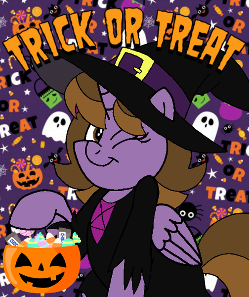 Size: 600x714 | Tagged: safe, artist:noi kincade, derpibooru import, oc, oc:princess kincade, unofficial characters only, alicorn, clothes, costume, female, halloween, halloween costume, hat, holiday, image, one eye closed, png, pumpkin bucket, solo, trick or treat, wink, witch, witch hat
