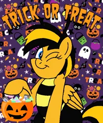 Size: 600x714 | Tagged: safe, artist:noi kincade, derpibooru import, oc, oc:flare spark, unofficial characters only, bee, insect, pegasus, bumblebee, clothes, costume, female, halloween, halloween costume, holiday, image, one eye closed, png, solo, trick or treat, wink