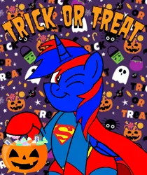 Size: 600x714 | Tagged: safe, artist:noi kincade, derpibooru import, oc, oc:stephen (stephen-fisher), unofficial characters only, alicorn, big cat, pony, clothes, costume, dc comics, halloween, halloween costume, holiday, image, male, one eye closed, png, pumpkin bucket, solo, superman, trick or treat, wink