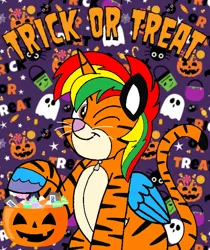 Size: 600x714 | Tagged: safe, artist:noi kincade, derpibooru import, oc, oc:shield wing, unofficial characters only, alicorn, big cat, tiger, clothes, costume, halloween, halloween costume, holiday, image, jpeg, one eye closed, pumpkin bucket, solo, wink