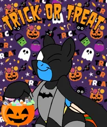 Size: 600x714 | Tagged: safe, artist:noi kincade, derpibooru import, oc, oc:prince scarab, unofficial characters only, pony, batman, clothes, costume, dc comics, halloween, halloween costume, holiday, image, one eye closed, png, solo, trick or treat, wink