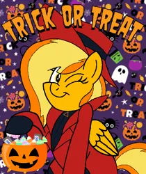 Size: 600x714 | Tagged: safe, artist:noi kincade, derpibooru import, oc, oc:firey rachel, unofficial characters only, pegasus, carmen sandiego, female, halloween, holiday, image, png, solo, trick or treat