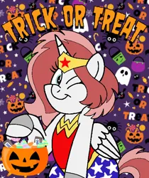 Size: 600x714 | Tagged: safe, artist:noi kincade, derpibooru import, oc, oc:lily brush, clothes, costume, dc comics, female, halloween, halloween costume, holiday, image, one eye closed, png, pumpkin bucket, solo, trick or treat, wink, wonder woman