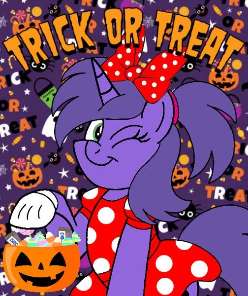 Size: 600x714 | Tagged: safe, artist:noi kincade, derpibooru import, oc, oc:violetta cuddles belle, unicorn, clothes, costume, disney, female, halloween, halloween costume, holiday, image, minnie mouse, one eye closed, png, pumpkin bucket, solo, trick or treat, wink