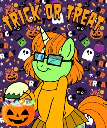 Size: 600x714 | Tagged: safe, artist:noi kincade, derpibooru import, oc, oc:lola, unicorn, clothes, costume, female, glasses, halloween, halloween costume, holiday, image, one eye closed, png, pumpkin bucket, scooby doo, solo, velma dinkley, wink