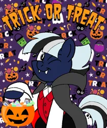 Size: 600x714 | Tagged: safe, artist:noi kincade, derpibooru import, oc, oc:ghostpony, pony, undead, vampire, clothes, costume, dracula, halloween, halloween costume, holiday, image, male, one eye closed, png, pumpkin bucket, solo, trick or treat, wink