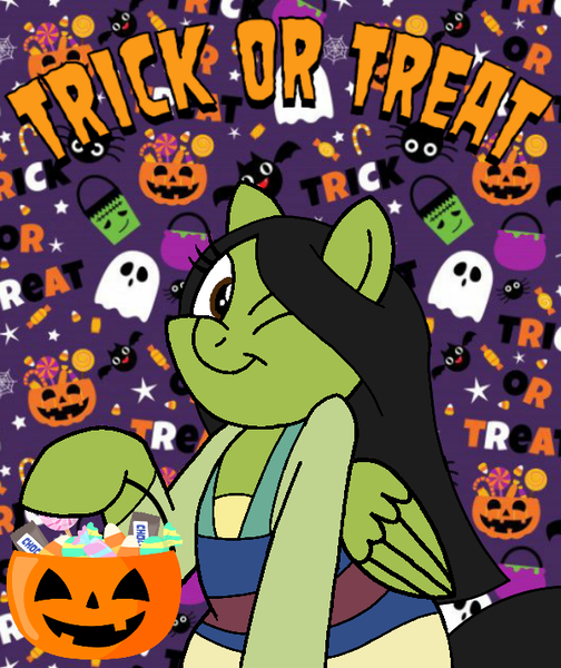 Size: 600x714 | Tagged: safe, artist:noi kincade, derpibooru import, oc, oc:clara, unofficial characters only, pegasus, clothes, costume, disney, female, halloween, halloween costume, holiday, image, mulan, one eye closed, png, pumpkin bucket, solo, wink