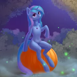 Size: 2000x2000 | Tagged: safe, artist:falses, derpibooru import, oc, oc:starburn, unofficial characters only, firefly (insect), insect, semi-anthro, unicorn, bedroom eyes, belly, belly button, collarbone, digital art, eyelashes, eyes open, female, fog, halloween, holiday, horn, human shoulders, humanoid torso, image, legs, lineless, looking at you, png, pumpkin, race swap, shading, slim, solo, spread legs, spreading, tail, thighs, thin, unicorn oc, wide hips