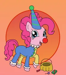 Size: 800x900 | Tagged: safe, artist:jovay, derpibooru import, pinkie pie, earth pony, candy, clothes, clown, clown nose, costume, female, food, halloween, halloween costume, hat, holiday, image, png, pumpkin bucket, red nose, solo