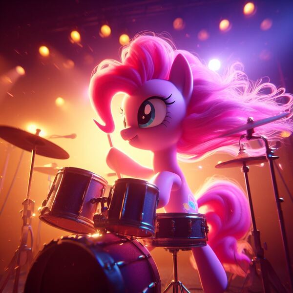 Size: 1024x1024 | Tagged: safe, derpibooru import, machine learning generated, pinkie pie, earth pony, pony, ai content, detailed, drums, female, generator:bing image creator, image, jpeg, light, mare, musical instrument, realistic, smiling, solo, stage