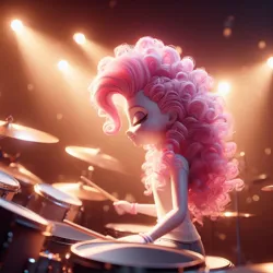 Size: 1024x1024 | Tagged: safe, derpibooru import, machine learning generated, pinkie pie, human, equestria girls, ai content, detailed, drums, eyes closed, female, generator:bing image creator, image, jpeg, light, musical instrument, realistic, smiling, solo, stage