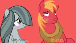 Size: 1920x1080 | Tagged: safe, artist:gamemasterluna, derpibooru import, edit, editor:jaredking779, big macintosh, marble pie, earth pony, pony, blushing, cute, female, hair over one eye, image, jpeg, looking at each other, looking at someone, male, marblebetes, mare, red background, simple background, smiling, smiling at each other, stallion