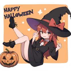 Size: 2000x2000 | Tagged: safe, derpibooru import, machine learning assisted, apple bloom, human, ai content, belt, boots, clothes, halloween, happy halloween, hat, heart, holiday, humanized, image, jack-o-lantern, looking at you, lying down, on back, open mouth, png, pumpkin, shoes, solo, text, witch costume, witch hat