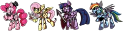 Size: 1762x453 | Tagged: safe, artist:malachimoet, derpibooru import, fluttershy, pinkie pie, rainbow dash, twilight sparkle, twilight sparkle (alicorn), alicorn, earth pony, pegasus, pony, robot, robot pony, animatronic, crossover, five nights at freddy's, five nights at pinkie's, image, png, simple background