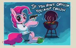 Size: 1128x713 | Tagged: safe, artist:vultraz, ponerpics import, pinkie pie, earth pony, pony, 1000 hours in ms paint, blowtorch, clothes, crocs, female, grill, image, looking at you, mare, pinktober, png, shirt, shorts, sitting, smiling, solo, solo female, text