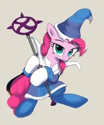 Size: 2000x2418 | Tagged: safe, artist:vultraz, ponerpics import, pinkie pie, earth pony, pony, beige background, cape, clothes, female, image, mare, pinktober, png, robes, runescape, simple background, solo, solo female, staff
