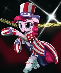 Size: 2000x2408 | Tagged: safe, artist:vultraz, ponerpics import, pinkie pie, earth pony, pony, american flag, apollo creed, bipedal, boots, boxing gloves, clothes, female, flag, hat, image, jacket, looking at you, mare, open mouth, pinktober, png, shoes, shorts, solo, solo female, top hat, uncle sam
