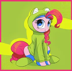 Size: 2030x2000 | Tagged: safe, artist:vultraz, ponerpics import, pinkie pie, earth pony, pony, clothes, colorful, female, frog costume, hoodie, image, mare, pinktober, png, sitting, socks, solo, solo female