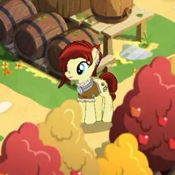 Size: 343x343 | Tagged: safe, derpibooru import, steela oresdotter, earth pony, pony, barrel, clothes, female, game screencap, gameloft, image, jpeg, mare, mighty helm, scar, solo