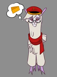 Size: 1022x1382 | Tagged: safe, artist:nonameorous, derpibooru import, oc, oc:nonameorous, unofficial characters only, alpaca, them's fightin' herds, cheese, clothes, cloven hooves, community related, food, frown, glasses, gray background, hat, image, looking up, png, scarf, simple background, solo, standing, thought bubble