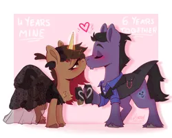 Size: 2500x2000 | Tagged: safe, artist:lionbun, derpibooru import, oc, oc:dreamheart, oc:screaming heart, earth pony, pony, unicorn, anniversary, blushing, clothes, couple, dress, earth pony oc, female, horn, image, jewelry, kiss on the lips, kissing, male, mare, married couple, png, ring, stallion, suit, unicorn oc, wedding dress, wedding ring