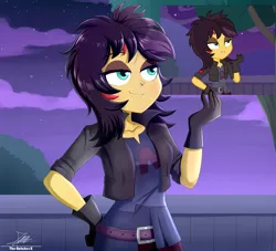 Size: 2134x1934 | Tagged: safe, artist:the-butch-x, derpibooru import, sunset shimmer, equestria girls, alternate hairstyle, belt, clothes, costume, cute, denim, eyeshadow, fangs, female, fence, gloves, image, jacket, jeans, leather, leather jacket, makeup, night, pants, png, scene interpretation, screencap reference, shimmerbetes, shirt, solo, t-shirt, tree, vampire shimmer, wig