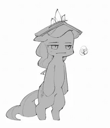 Size: 1047x1210 | Tagged: safe, artist:inkhooves, derpibooru import, diamond tiara, earth pony, pony, :|, bipedal, book, book on head, female, filly, foal, grayscale, image, monochrome, png, simple background, solo, white background