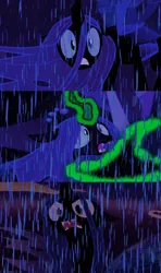 Size: 530x894 | Tagged: safe, derpibooru import, edit, edited screencap, editor:incredibubbleirishguy, screencap, queen chrysalis, to where and back again, what lies beneath, furious, hat, horrified, image, implied starlight glimmer, png, rain, reference, remake, shocked, the little mermaid, wicked witch of the west