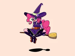 Size: 1600x1200 | Tagged: safe, artist:pertdegert, derpibooru import, pinkie pie, anthro, earth pony, plantigrade anthro, pony, broom, clothes, costume, female, flying, flying broomstick, halloween, halloween costume, hat, holiday, image, looking at you, mare, orange background, platform boots, png, simple background, sitting, solo, tongue out, witch hat