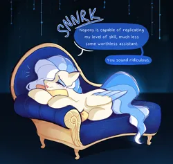 Size: 2500x2366 | Tagged: safe, artist:syrupyyy, derpibooru import, oc, oc:florid frost, unofficial characters only, pegasus, pony, ask, description is relevant, dialogue, eyes closed, fainting couch, image, lying down, male, png, prone, solo, speech bubble, stallion