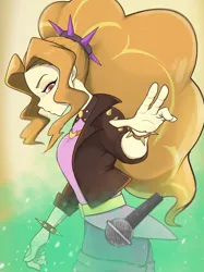 Size: 1535x2048 | Tagged: safe, artist:noupu, derpibooru import, adagio dazzle, human, equestria girls, bracelet, clothes, female, fog, image, jacket, jpeg, leather, leather jacket, looking at something, magic, mic drop, microphone, solo, spiked wristband, wristband