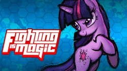 Size: 1920x1080 | Tagged: safe, artist:fimroots, derpibooru import, twilight sparkle, unicorn, fighting is magic, blue background, image, logo, png, simple background, thumbnail