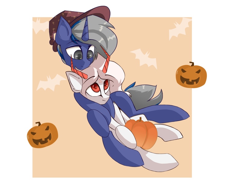 Size: 2429x1800 | Tagged: safe, artist:rainydark, derpibooru import, oc, unofficial characters only, unicorn, clothes, costume, duo, halloween, halloween costume, holiday, horn, image, jpeg, shadow, simple background, unicorn oc