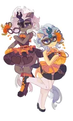 Size: 3414x5607 | Tagged: safe, artist:saxopi, derpibooru import, masquerade, oc, oc:jinx kurai, oc:misty showers, unofficial characters only, kirin, semi-anthro, arm hooves, candy, clothes, dress, duo, flower, food, halloween, holiday, horn, image, mask, png, pumpkin, scales, shoes, skirt, socks, stockings, thigh highs