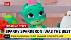 Size: 1280x720 | Tagged: safe, derpibooru import, edit, edited screencap, screencap, sparky sparkeroni, dragon, g5, spoiler:everypony at the blanket, break your own news, cute, image, jpeg, news, news report, sparkybetes