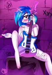 Size: 2776x3967 | Tagged: suggestive, artist:nevobaster, derpibooru import, vinyl scratch, anthro, unicorn, angry, bedroom eyes, cigarette, collar, covering, covering breasts, covering crotch, electric guitar, female, guitar, image, looking at you, musical instrument, nail polish, nudity, piercing, png, short tail, sitting, smoking, solo, solo female, tail, tattoo