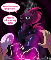 Size: 3305x3850 | Tagged: safe, artist:boundbrush, derpibooru import, tempest shadow, human, pony, unicorn, broken horn, dialogue, female, frog (hoof), hand, hooves, horn, human to pony, image, jpeg, magic, offscreen character, pov, spiral, transformation, underhoof