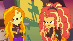 Size: 1896x1056 | Tagged: safe, artist:drizzledazzle, derpibooru import, adagio dazzle, sunset shimmer, equestria girls, crossed arms, female, image, jpeg, lesbian, palette swap, recolor, shipping, sunsagio, trace