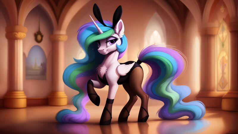 Size: 2560x1440 | Tagged: safe, derpibooru import, machine learning generated, princess celestia, alicorn, pony, ai content, animal costume, bedroom eyes, bunny costume, bunny ears, chest fluff, clothes, column, costume, ear fluff, ethereal mane, ethereal tail, female, generator:easyfluff v11.2, hoof shoes, image, indoors, jpeg, leotard, looking at you, mare, pantyhose, prompter:siber, raised hoof, reflection, smiling, smiling at you, socks, solo, tail, tail wrap