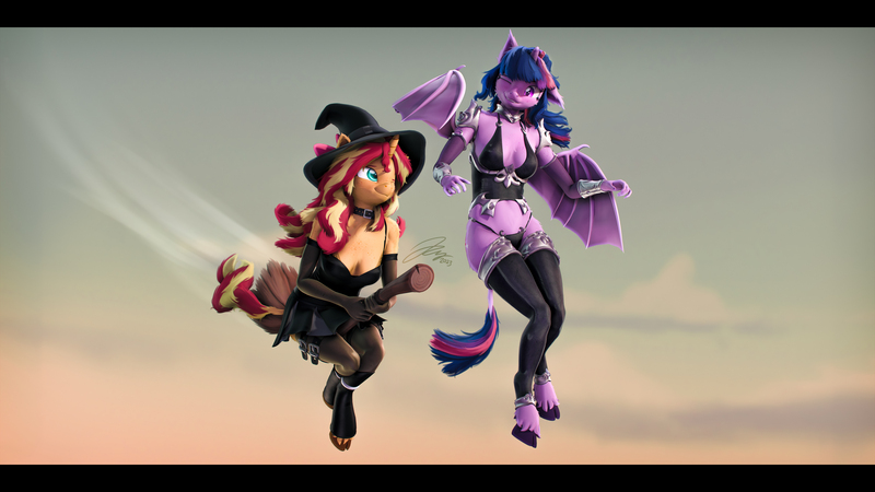 Size: 9600x5400 | Tagged: safe, artist:imafutureguitarhero, derpibooru import, sci-twi, sunset shimmer, twilight sparkle, twilight sparkle (alicorn), alicorn, anthro, bat pony, bat pony alicorn, classical unicorn, pony, unguligrade anthro, unicorn, 3d, absurd file size, absurd resolution, alicornified, arm fluff, arm freckles, armor, bat ponified, bat wings, black bars, boob freckles, boots, bow, bra, breast fluff, breasts, broom, butt fluff, butt freckles, cheek fluff, chest fluff, chest freckles, chin fluff, chromatic aberration, cleavage, clothes, cloven hooves, collar, colored eyebrows, colored eyelashes, corset, costume, cute, duo, ear fluff, ear freckles, evening gloves, fangs, female, film grain, flight trail, floppy ears, fluffy, fluffy hair, fluffy mane, fluffy tail, flying, flying broomstick, freckles, fur, gauntlet, gloves, grin, halloween, halloween 2023, hat, holiday, hoof boots, horn, image, jpeg, leg band, leg freckles, leg strap, leggings, leonine tail, lesbian, long gloves, long nails, looking at each other, looking at someone, mare, multicolored hair, multicolored mane, multicolored tail, neck fluff, nightmare moon armor, nose wrinkle, one ear down, one eye closed, outdoors, paintover, peppered bacon, race swap, revamped anthros, revamped ponies, sci-twilicorn, see-through, shimmerbetes, ship:sci-twishimmer, shipping, shoes, shoulder fluff, shoulder freckles, signature, skirt, sky, slit pupils, smiling, smiling at each other, socks, source filmmaker, stockings, sunsetsparkle, tail, tail fluff, thigh highs, twibat, underwear, unshorn fetlocks, wall of tags, wings, wink, witch, witch costume, witch hat