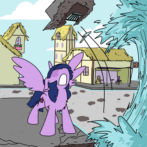 Size: 3508x3508 | Tagged: safe, artist:ponny, derpibooru import, part of a set, applejack, twilight sparkle, twilight sparkle (alicorn), alicorn, earth pony, pony, series:sailor meep, cloud, colored, concrete, cracks, destruction, image, levitation, magic, part of a series, png, restaurant, screaming, sewer, storm drain, telekinesis, water