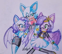 Size: 827x720 | Tagged: safe, artist:sulykari, derpibooru import, pipp petals, rarity, anthro, bat pony, g5, bat pipp, bat ponified, bat wings, image, jpeg, mobian, one eye closed, phone, pipp and her heroine, race swap, raribat, rouge the bat, simple background, sonic the hedgehog (series), sonicified, traditional art, trio, wings, wink