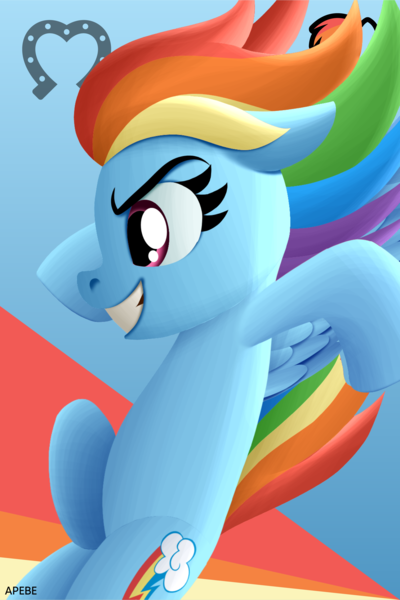 Size: 2250x3376 | Tagged: safe, artist:apebe, derpibooru import, rainbow dash, human, pegasus, pony, abstract background, female, flying, gradient background, high res, icon, image, mare, png, poster, solo, spread wings, symbol, watermark, wings