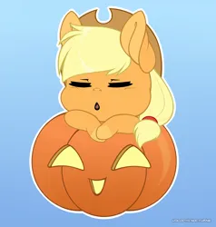 Size: 1428x1500 | Tagged: safe, artist:volodyanocturne, derpibooru import, applejack, earth pony, pony, applejack's hat, chibi, commission, cowboy hat, crossed hooves, eyes closed, female, hair tie, halloween, hat, holiday, image, jack-o-lantern, open mouth, png, pumpkin, simple background, solo, ych result