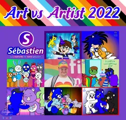 Size: 2048x1949 | Tagged: safe, artist:mrstheartist, ponerpics import, ponybooru import, oc, oc:didgeree, oc:mr.s, oc:ponyseb, oc:shield wing, oc:soneb the hedgehog, unofficial characters only, anthro, bear, hedgehog, human, pegasus, pony, semi-anthro, 2022, art vs artist, bearified, belly badges, cap, care bears, collage, crossover, cuddle puddle, cuddling, dancing, drummondville voltigeurs, happy tree friends, hat, headwear, hug, image, irl, irl human, logo, party hat, photo, png, pony pile, pride, pride flag, species swap