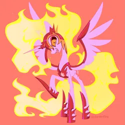 Size: 2009x2009 | Tagged: safe, artist:dawnfire, ponerpics import, ponybooru import, daybreaker, alicorn, pony, female, grin, image, looking at you, mare, png, red background, sharp teeth, simple background, sinister smile, smiling, smiling at you, solo, spread wings, teeth, wings