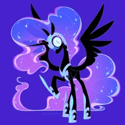 Size: 2036x2036 | Tagged: safe, artist:dawnfire, ponerpics import, ponybooru import, nightmare moon, alicorn, pony, blue background, female, image, looking at you, mare, png, simple background, solo, spread wings, wings