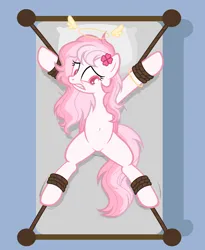 Size: 4776x5820 | Tagged: safe, artist:equestria secret guard, derpibooru import, oc, oc:bubble cloud, unofficial characters only, pegasus, pony, bed, belly, belly button, bondage, featureless crotch, female, gritted teeth, helpless, image, kidnapped, lying down, mare, on back, on bed, pegasus oc, png, restrained, rope, rope bondage, scared, sexy, spread eagle, spread legs, spreading, teeth, tied down, tied to bed, tied up, wings